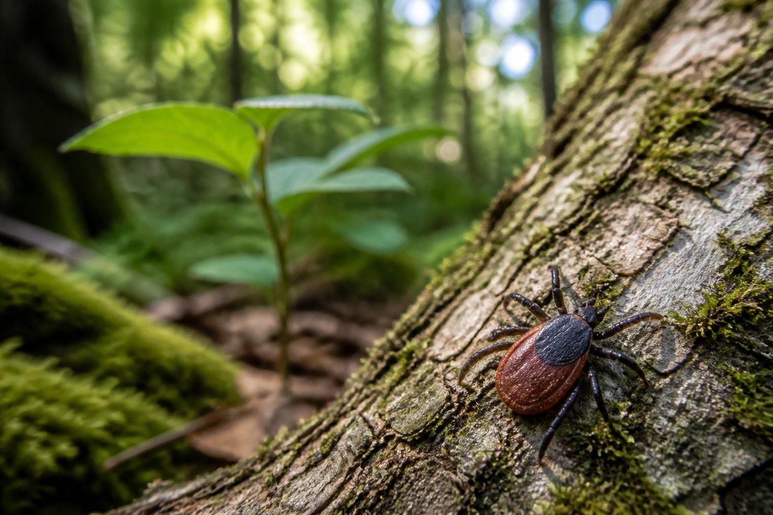 A tick rests on the bark of a leafy forest shrub.