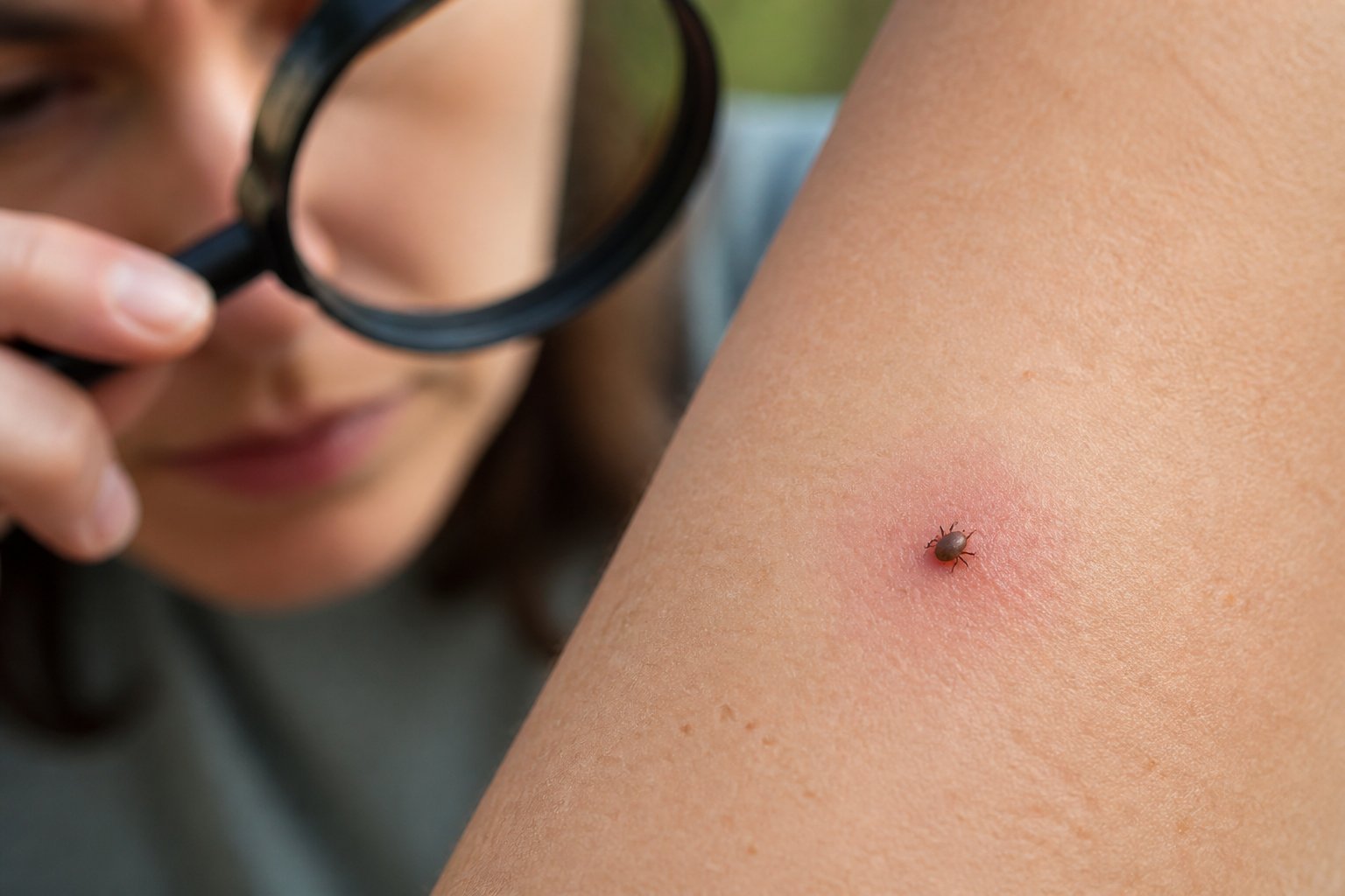 A tick attached to the skin of a person's forearm while the area is being examined.