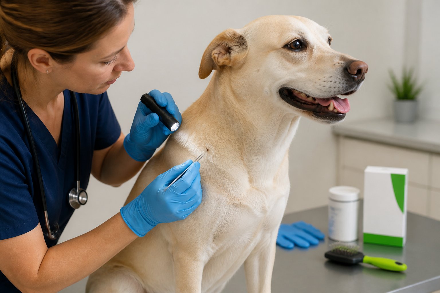 A veterinarian gently checks a calm dog for ticks in a clean clinic.