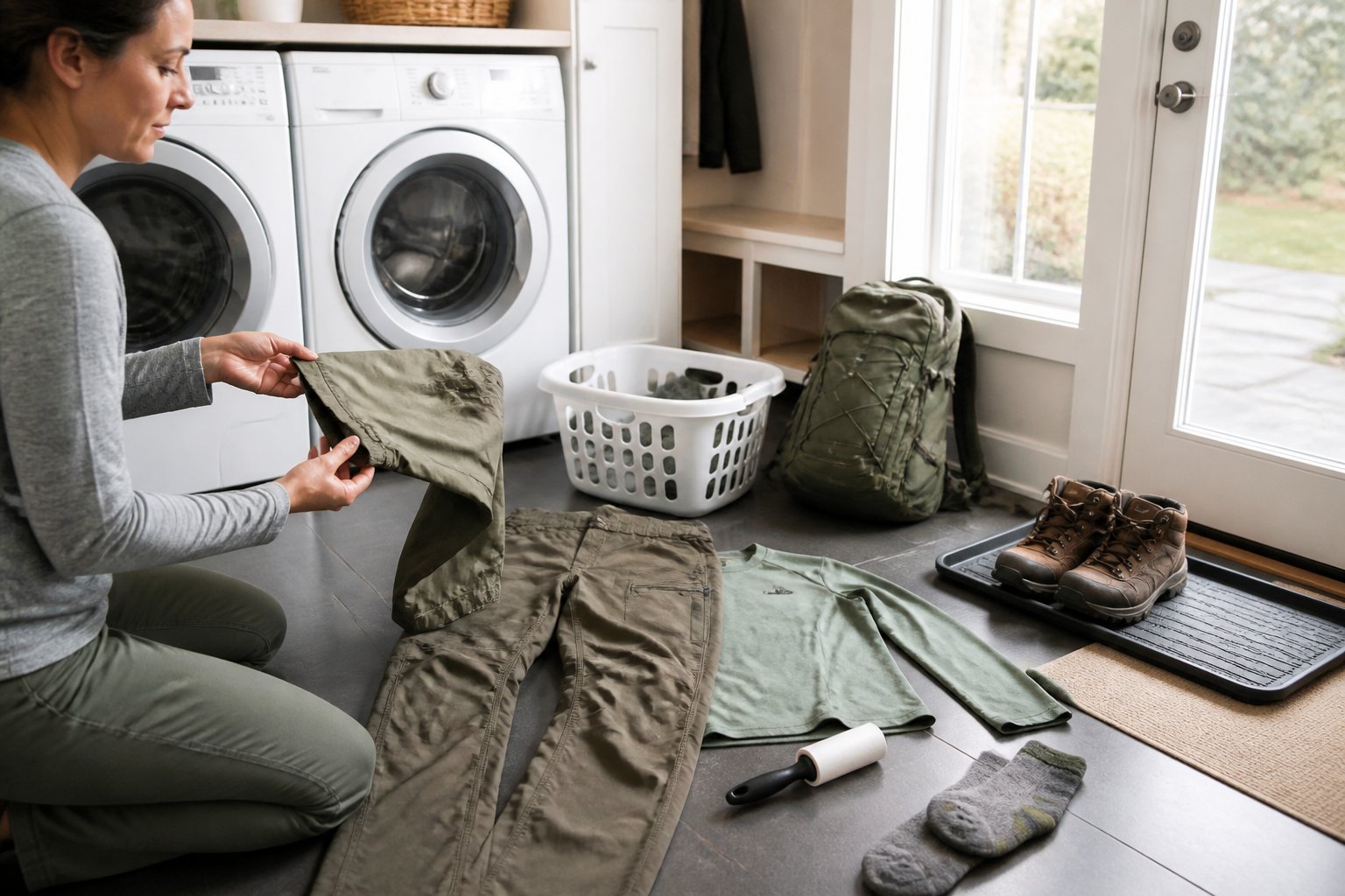 Hands inspect outdoor clothing and gear beside a washing machine in a clean home laundry area.
