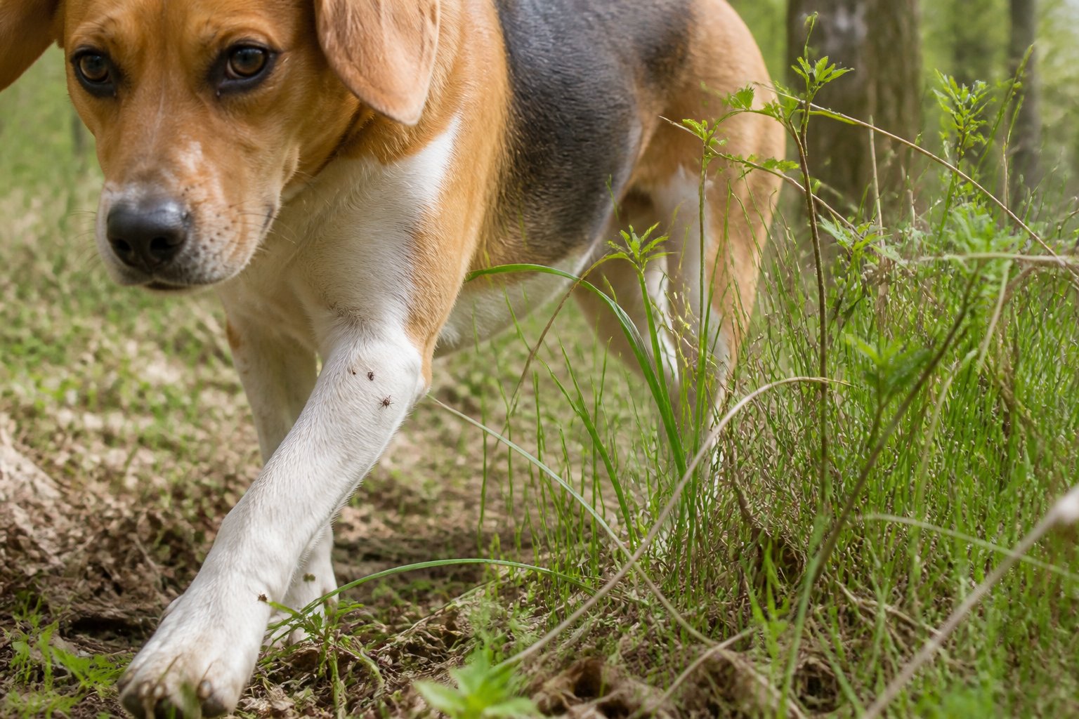 A dog walking through tall grass and woodland vegetation with a small tick visible in its fur.