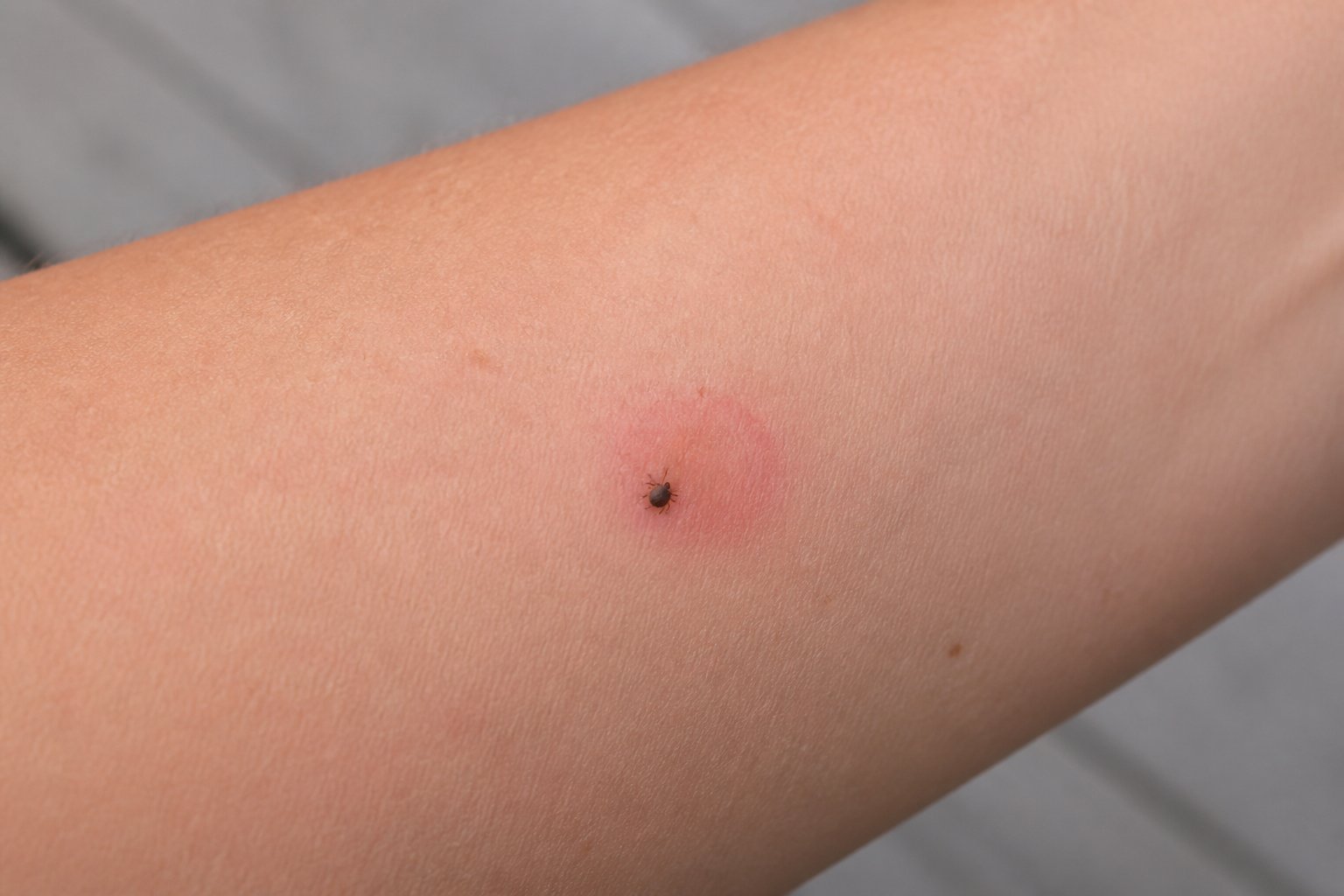 A close-up of a small red circular tick bite on a forearm with a tiny tick nearby.