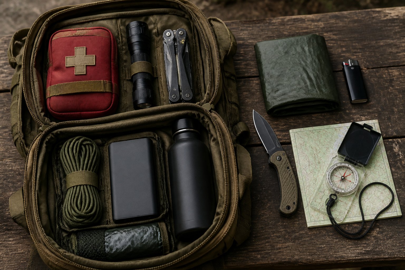 Otwarty plecak taktyczny z uporządkowanym wyposażeniem survivalowym i awaryjnym.