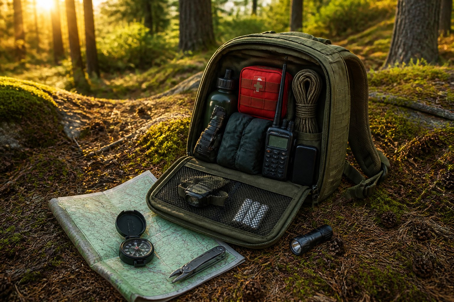 Otwarty plecak taktyczny z wyposażeniem survivalowym, kompasem, mapą, latarką i radiem na leśnym podłożu.
