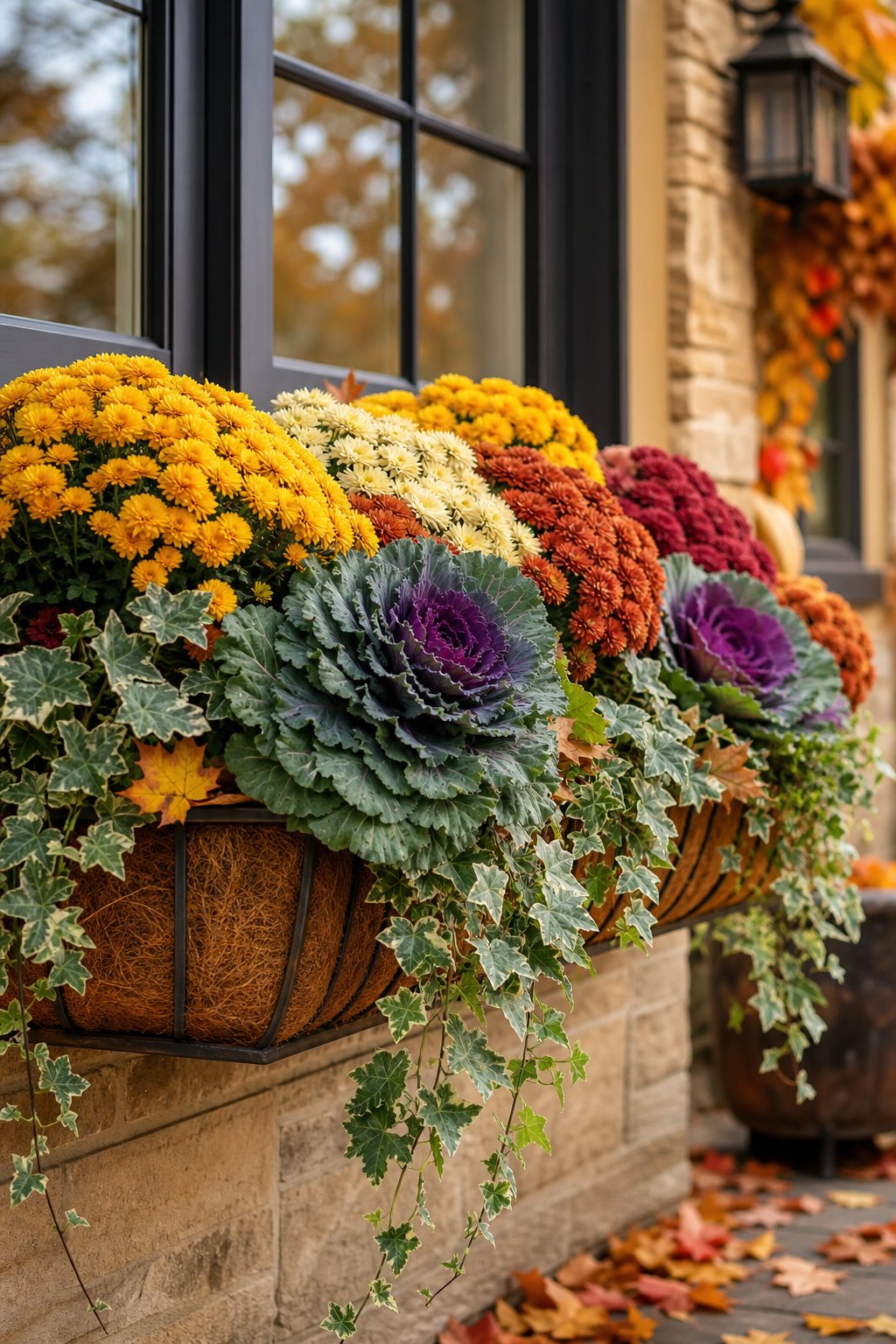 A fall window box filled with chrysanthemums, ornamental kale, and trailing ivy beneath a house window.