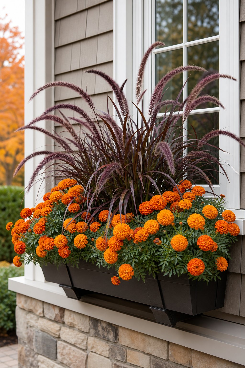 A window box filled with purple fountain grass and orange marigolds beneath a residential window.