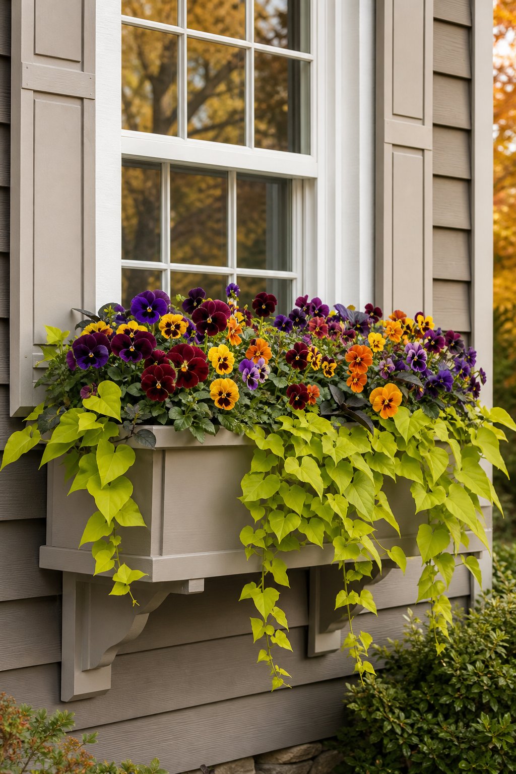 A window box filled with colorful pansies and trailing sweet potato vine beneath a house window.