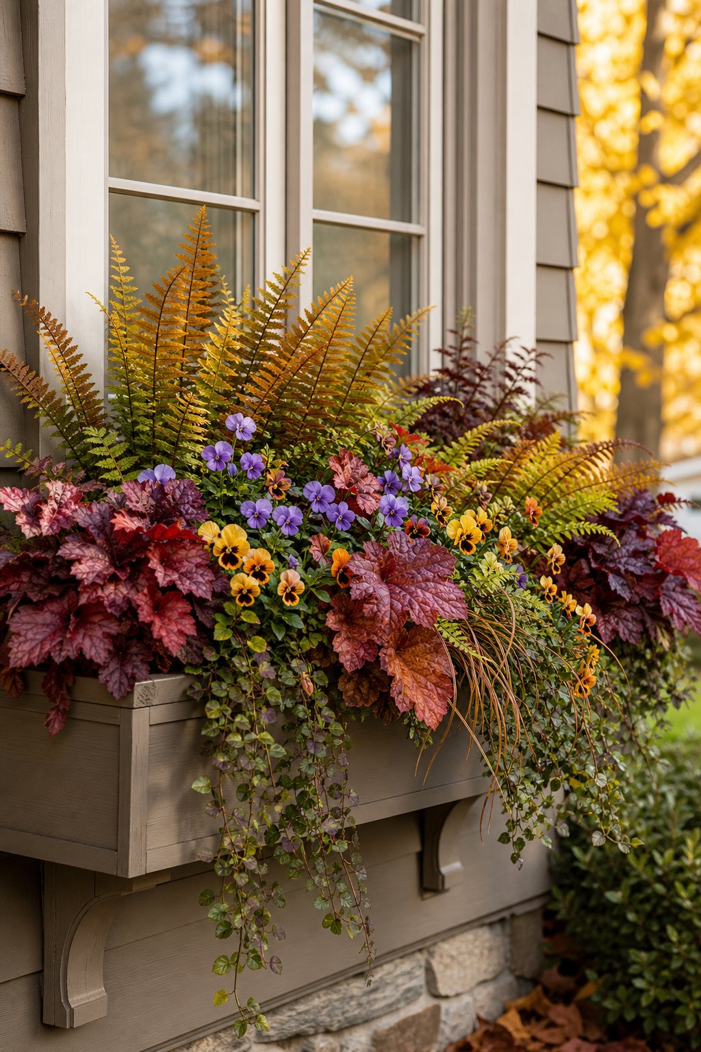 A fall window box filled with heuchera, autumn ferns, and colorful violas beneath a home window.