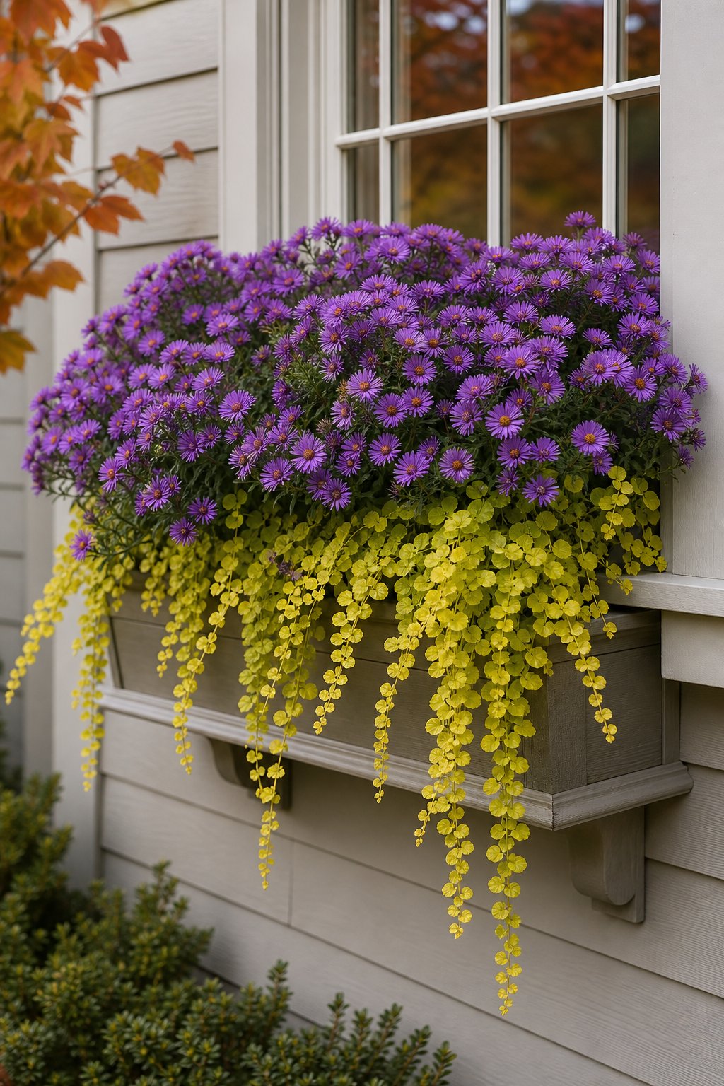 A window box filled with purple asters and trailing golden-green creeping Jenny beneath a house window.
