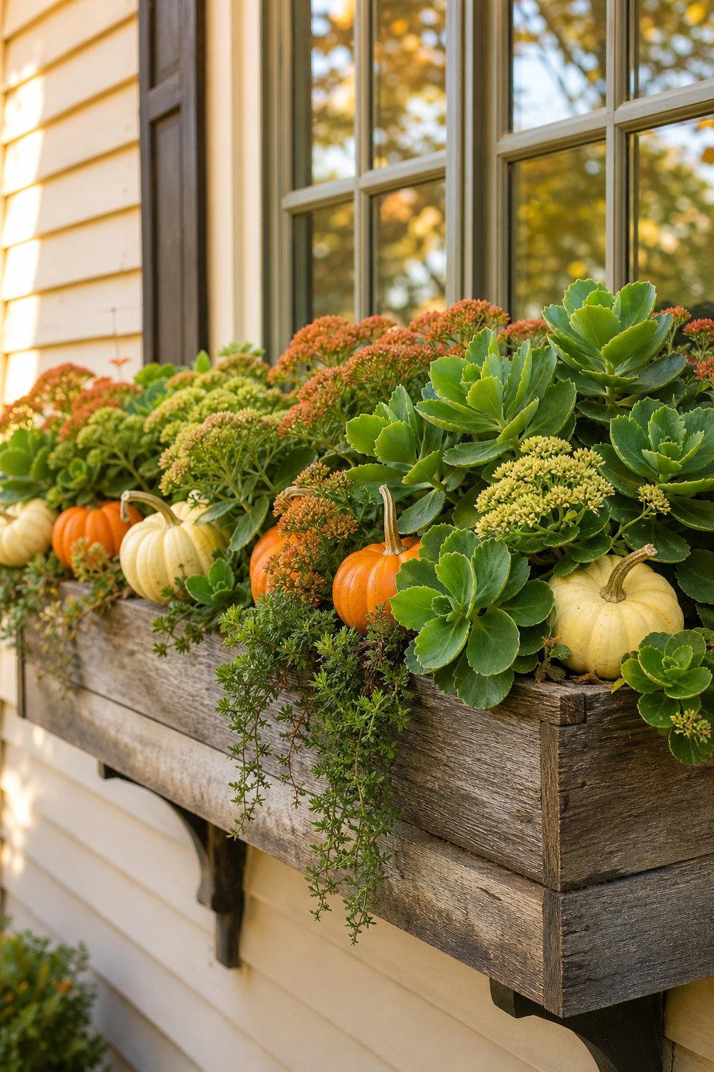 A window box filled with green sedums and small pumpkins beneath a house window.