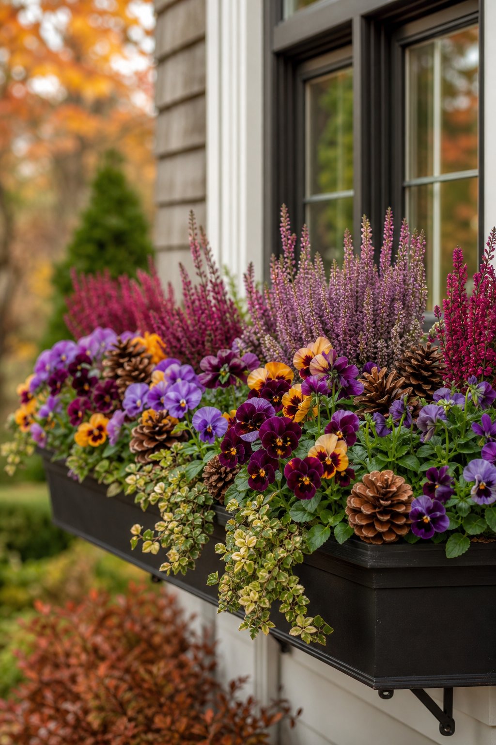 A window box filled with autumn heather, colorful pansies, and pinecones beneath a house window.