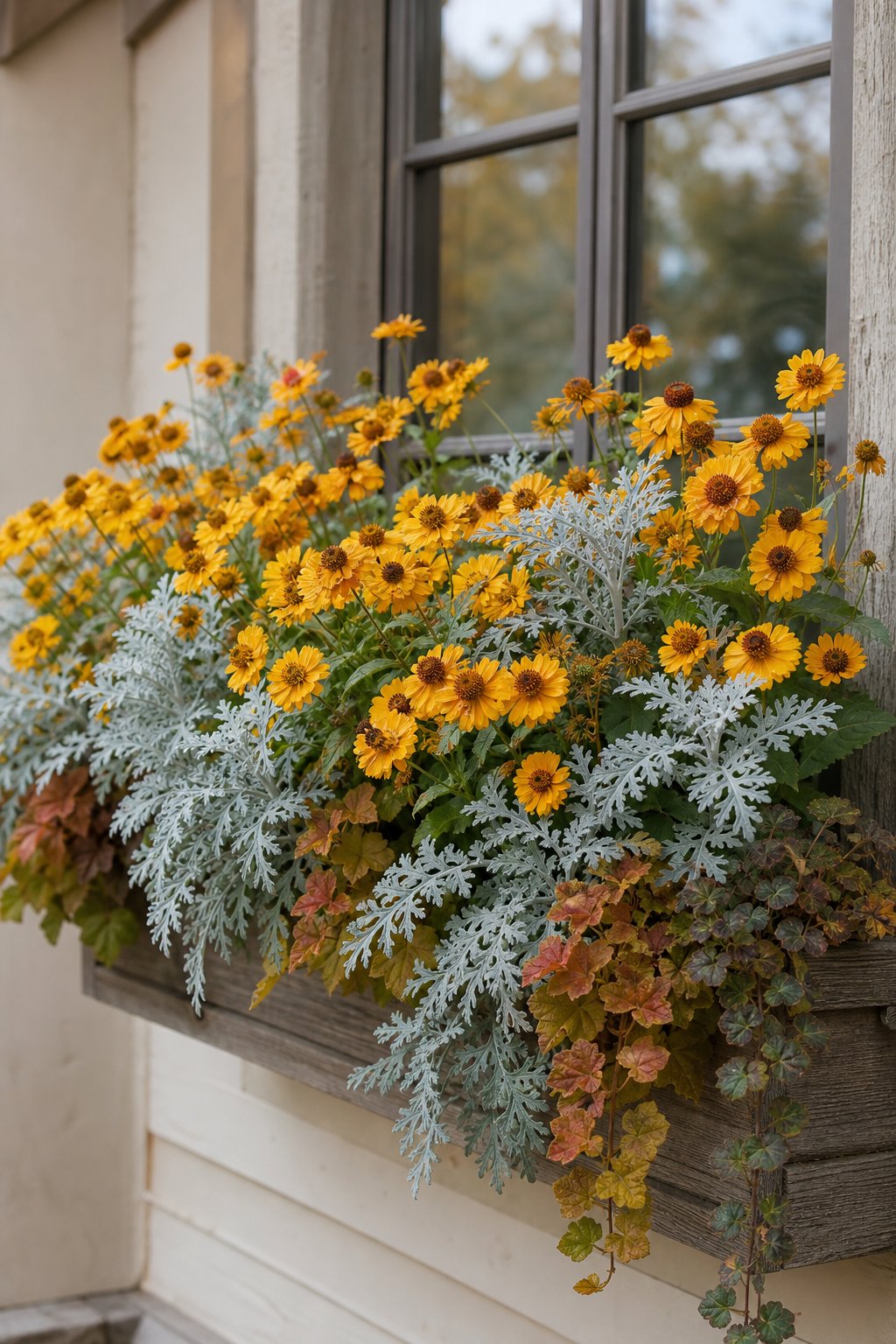 A window box filled with silvery Dusty Miller leaves and bright yellow Helenium flowers.