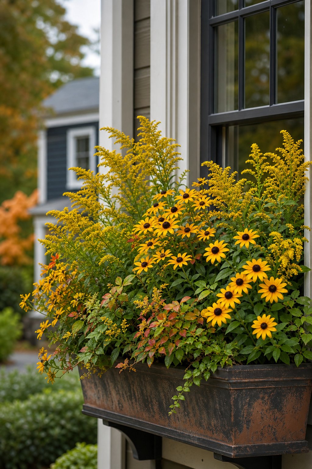 A window box filled with blooming black-eyed Susans and goldenrod beneath a home window.