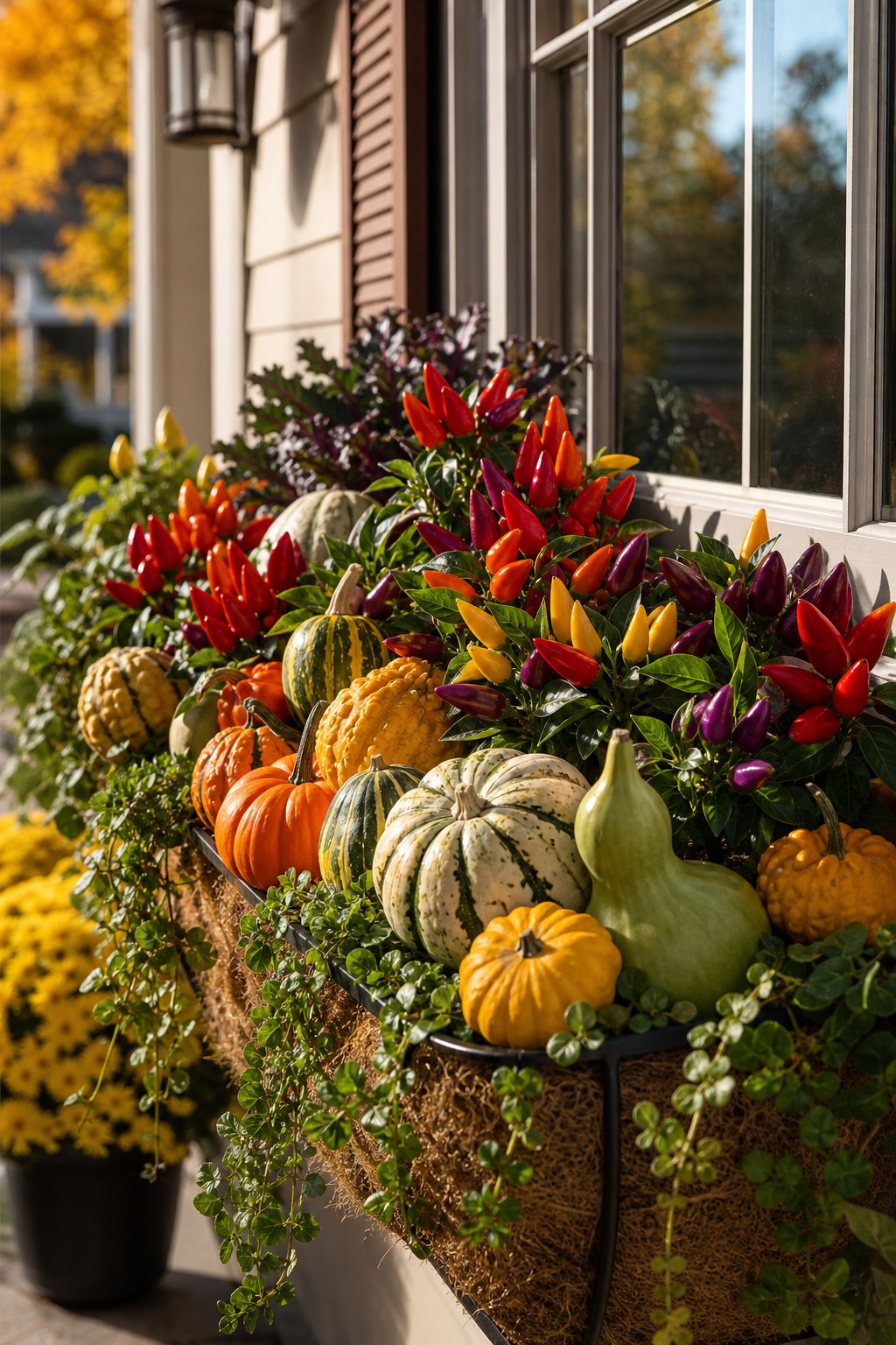 A window box filled with colorful ornamental peppers, small squash, and decorative gourds.