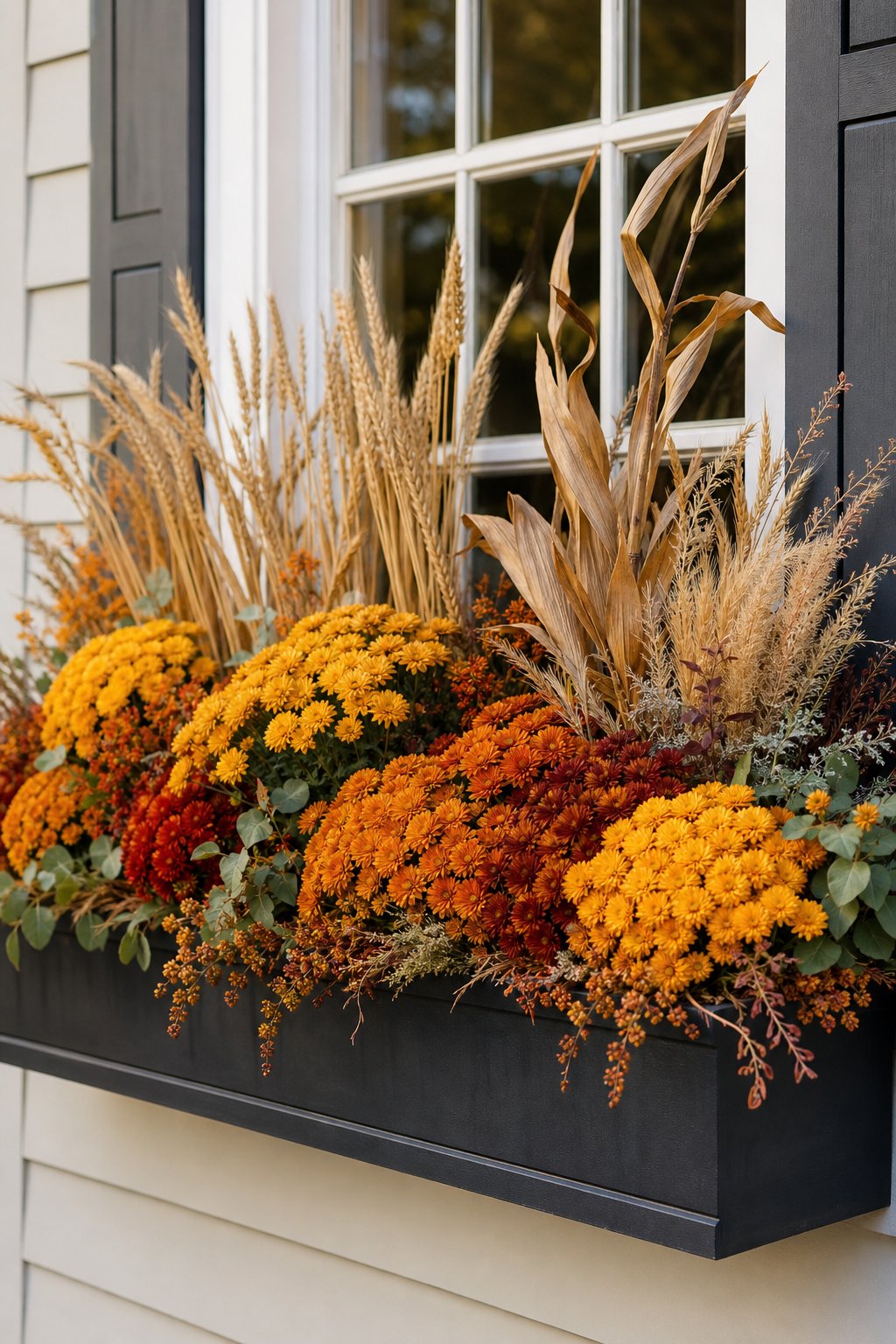 An autumn window box filled with yellow mums, wheat sheaves, and dried corn stalks beneath a house window.