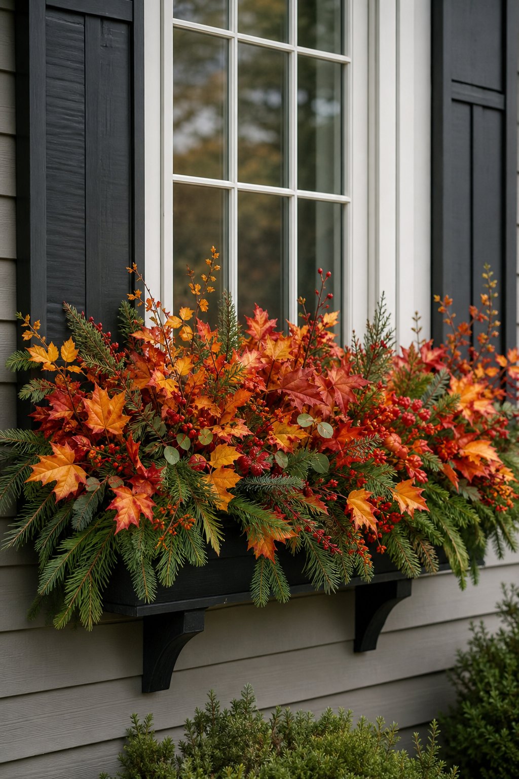 A window box filled with orange, red, and yellow autumn foliage alongside green evergreen branches.