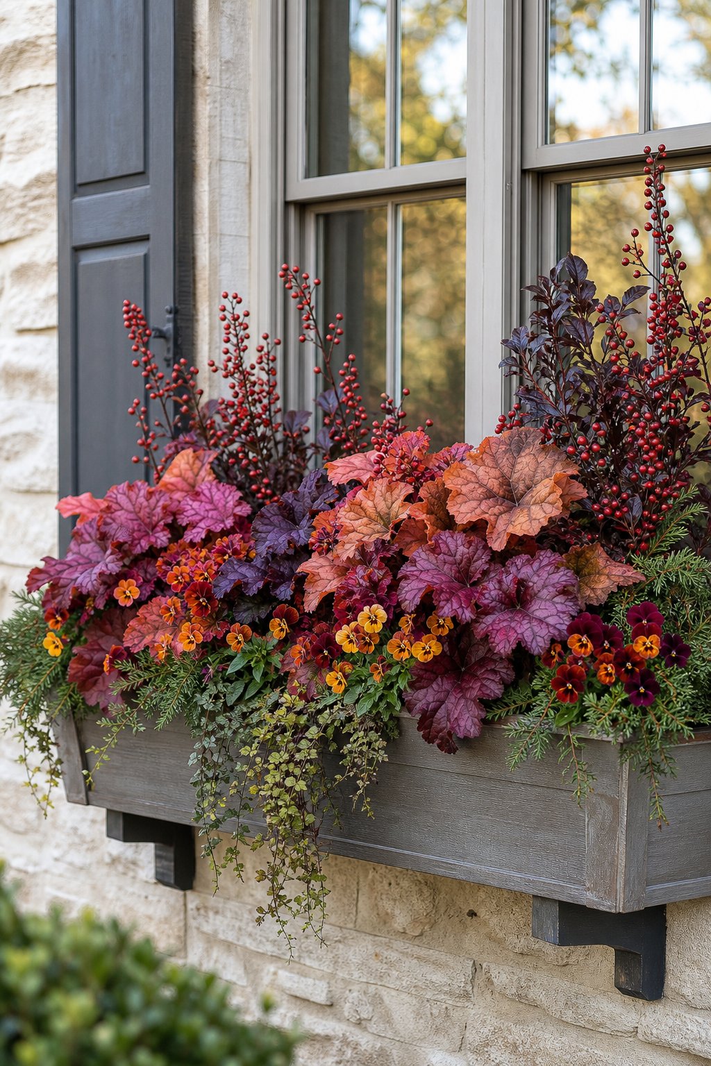 A fall window box filled with coral bells, violas, and berry stems beneath a home window.