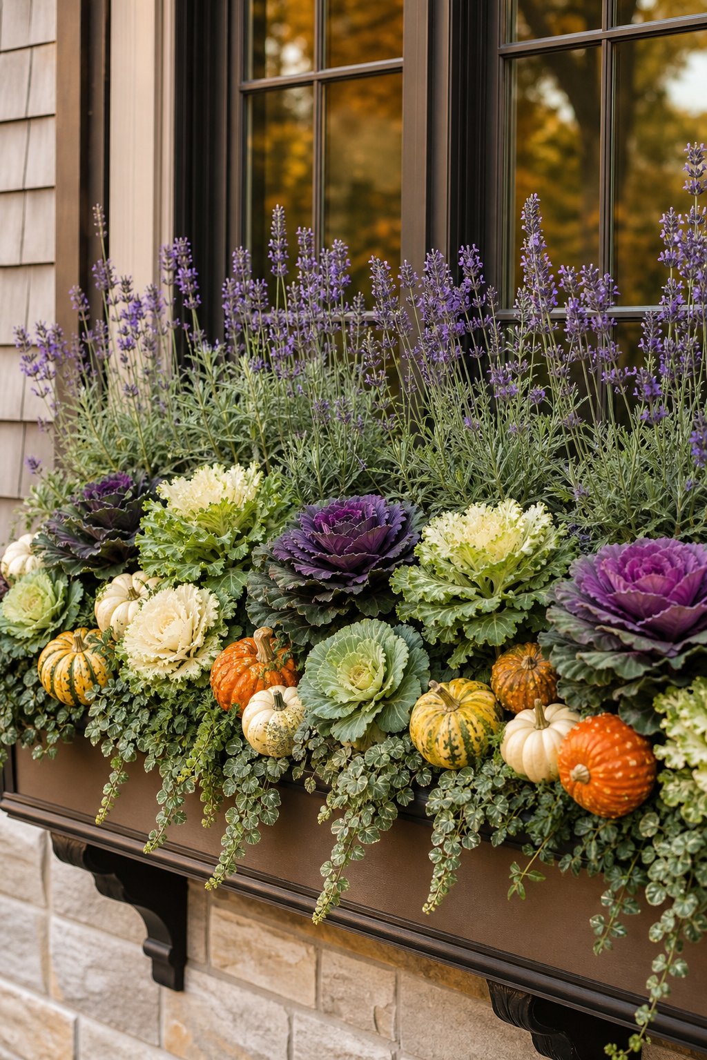 A fall window box filled with lavender, ornamental cabbage, and small decorative gourds.