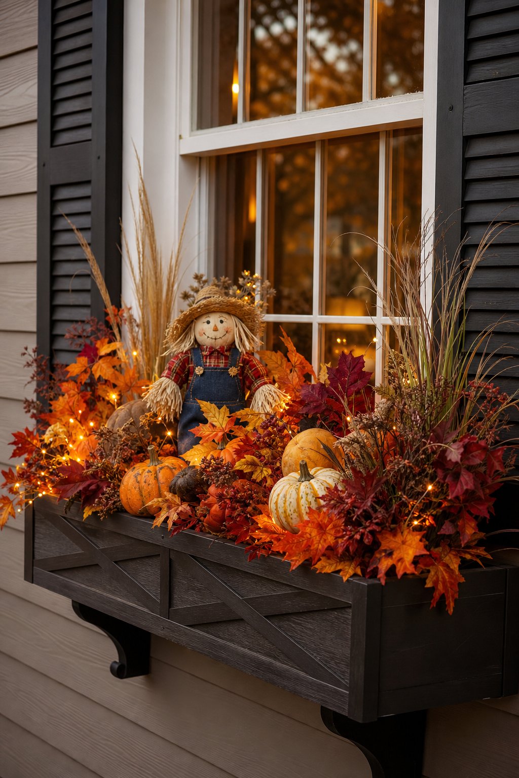 An autumn window box decorated with colorful leaves, pumpkins, twinkle lights, and a small scarecrow beneath a house window.