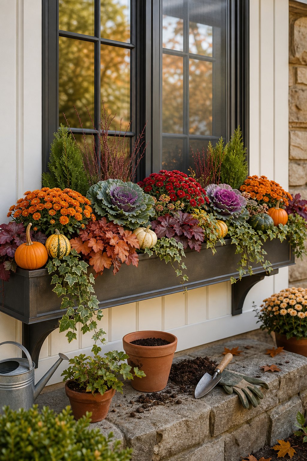 A balanced autumn window box filled with flowers, foliage, pumpkins, and gourds beneath a residential window.