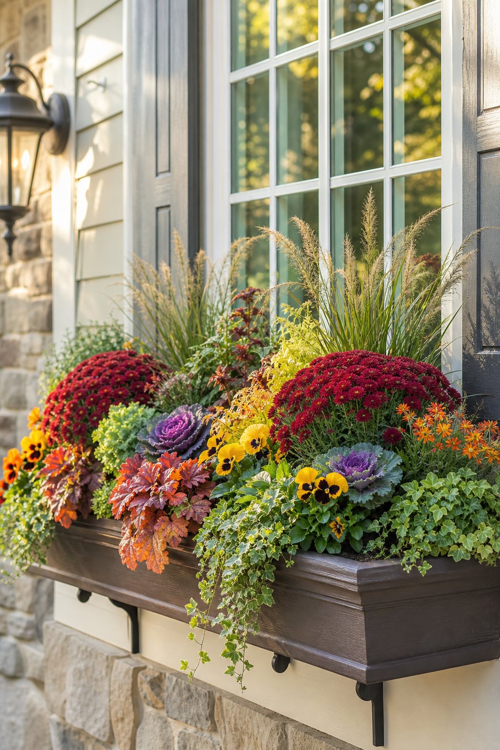A fresh autumn window box filled with colorful flowers, ornamental foliage, and trailing greenery beneath a home window.