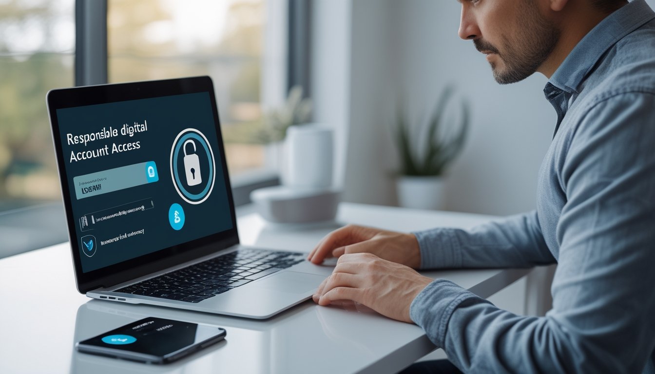 Seseorang mencoba memulihkan akses akun pada laptop dengan simbol keamanan digital di meja.