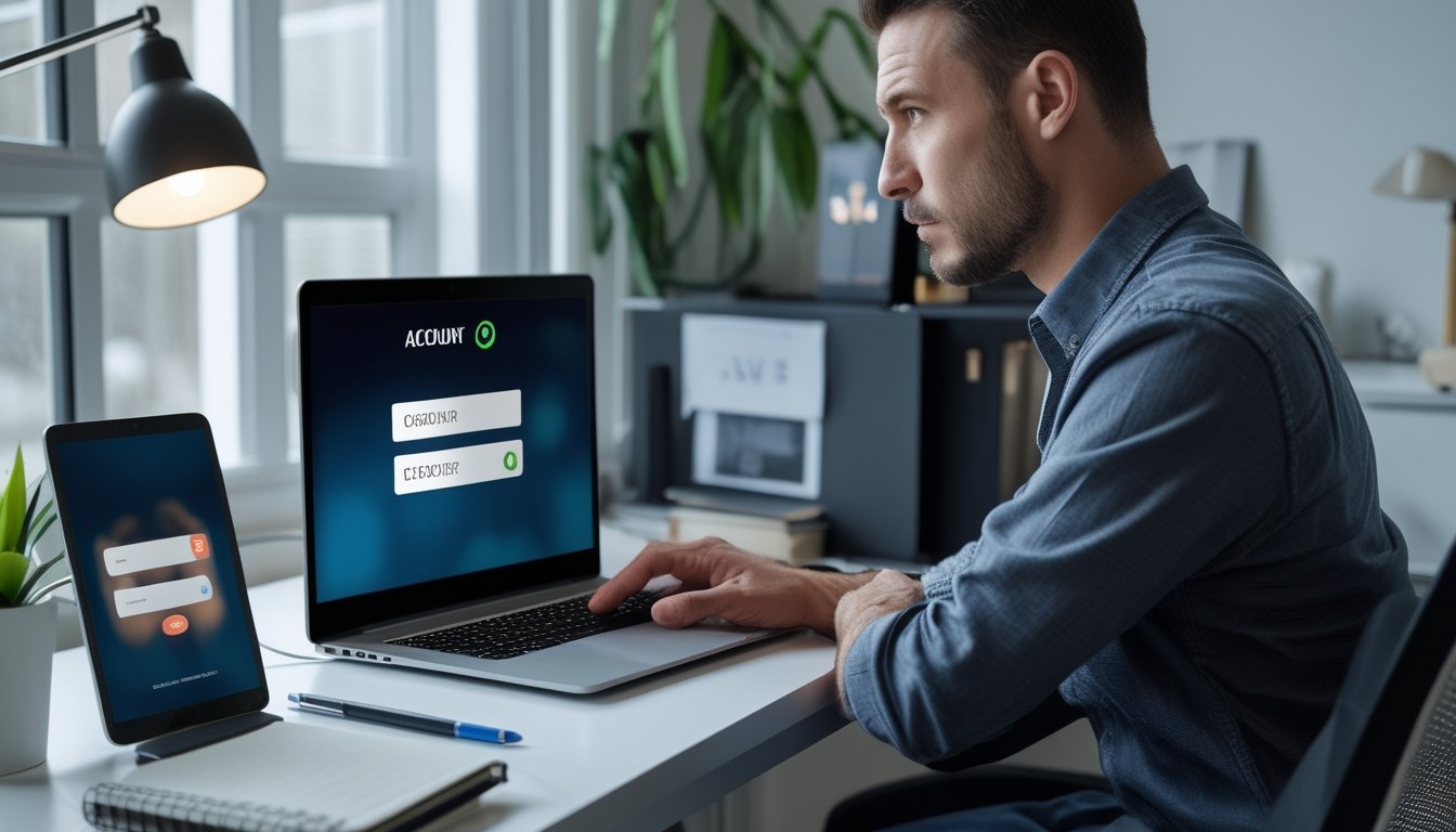 Seseorang memeriksa laptop, ponsel, dan router Wi-Fi untuk mengatasi masalah lupa kata sandi dan gagal masuk akun.