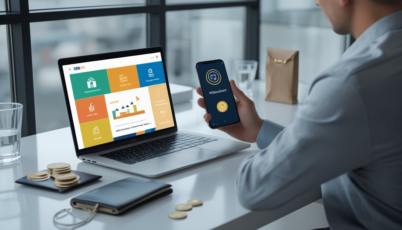 Seseorang memeriksa dasbor hadiah digital di laptop dengan kotak hadiah, koin, dan dompet di atas meja.