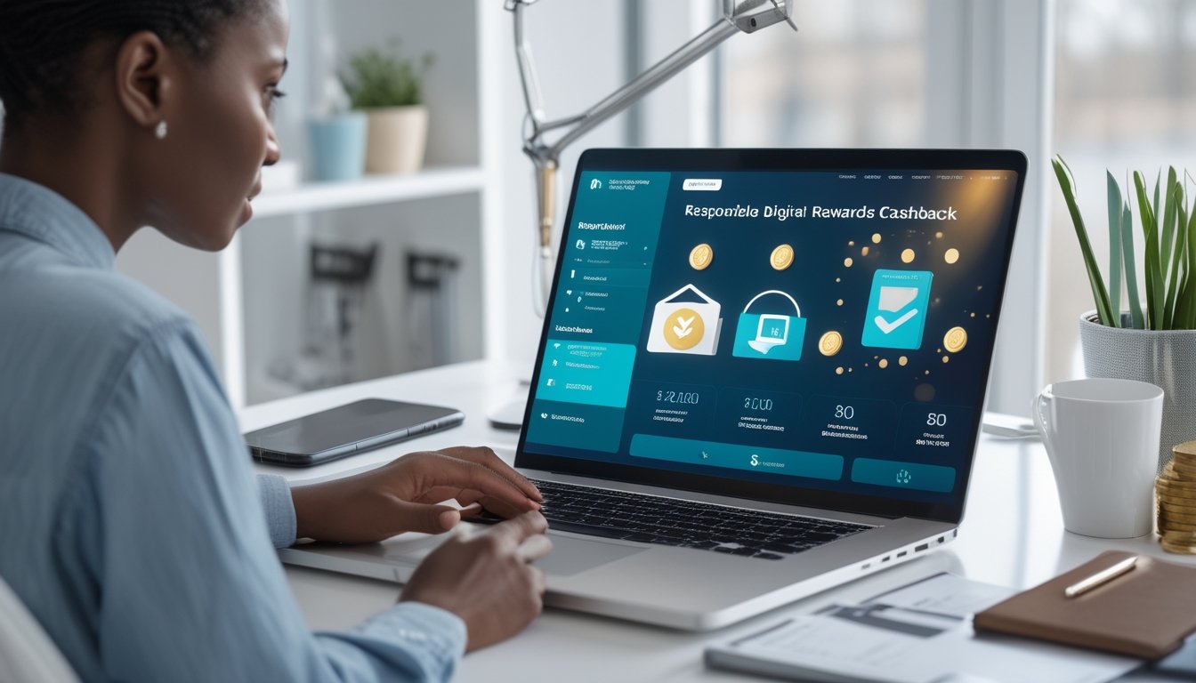 Seseorang menggunakan laptop dengan ilustrasi bonus dan cashback tanpa teks di ruang kerja modern.