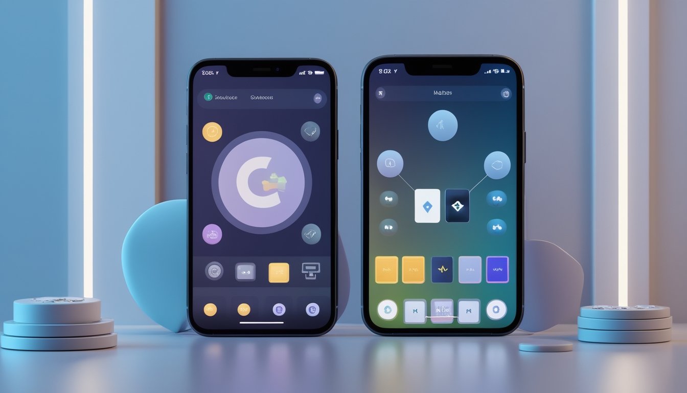 Dua ponsel pintar menampilkan antarmuka permainan digital di atas meja modern.