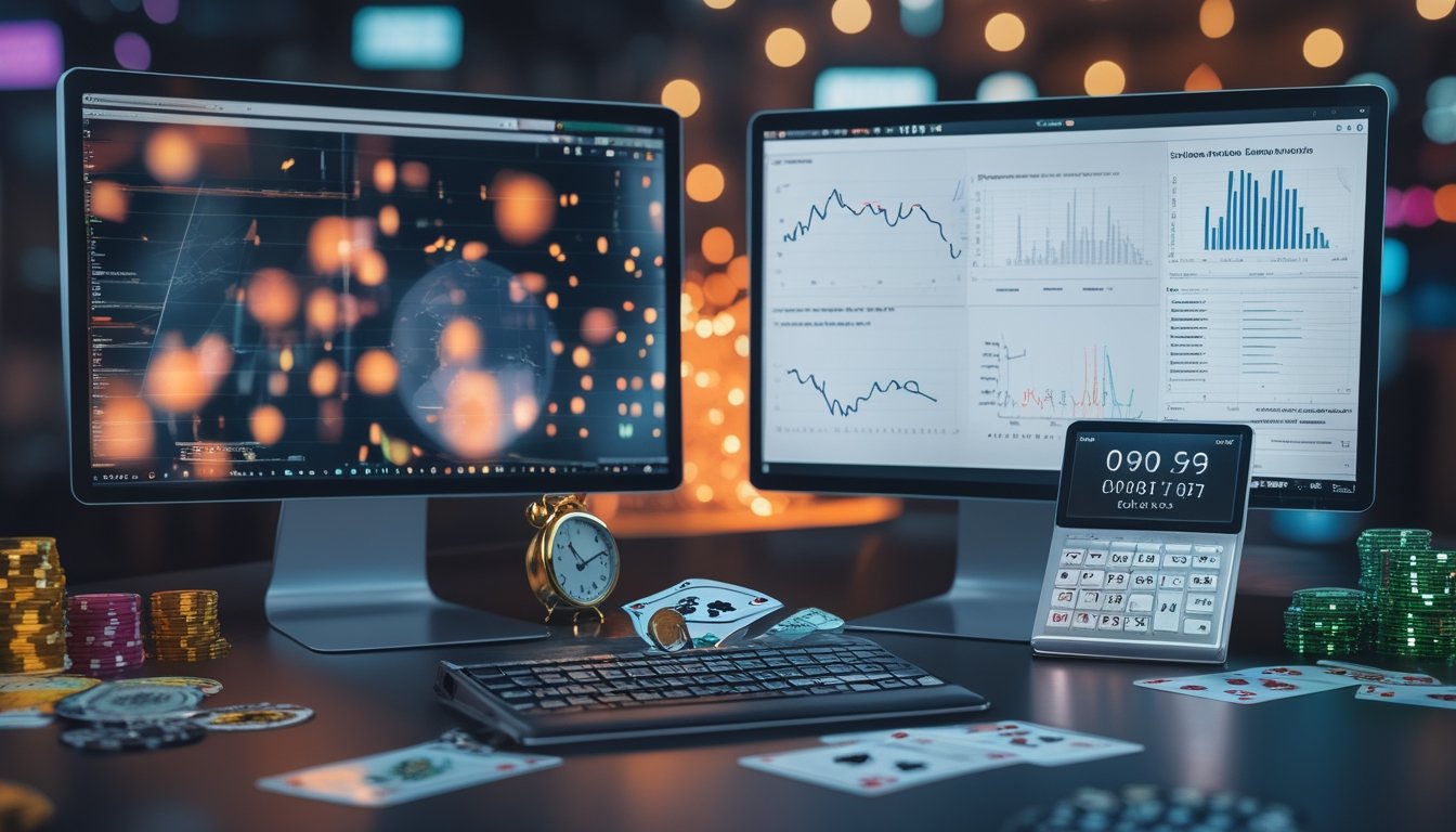 Meja kerja dengan jam, laptop berisi grafik abstrak, kartu, token kasino, dan alat analisis yang menggambarkan perbandingan mitos dan fakta tentang pola kemenangan judi online.