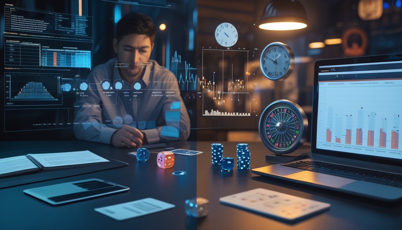 Seorang analis mempelajari grafik probabilitas, jam, dadu, dan kartu di meja kerja.