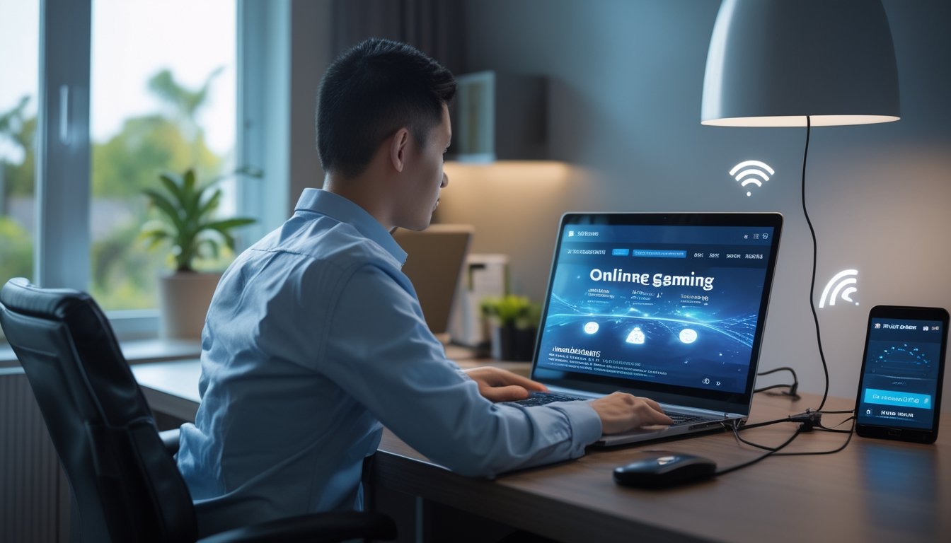 Seorang profesional memeriksa koneksi internet di laptop dengan router Wi-Fi dan perangkat jaringan di meja.