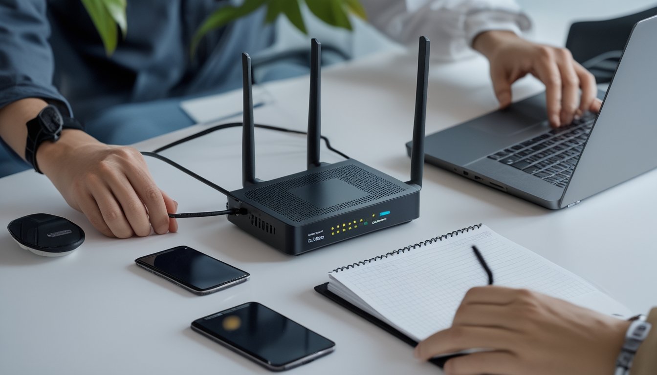 Seseorang memeriksa router Wi-Fi dan koneksi internet menggunakan laptop di meja kerja.