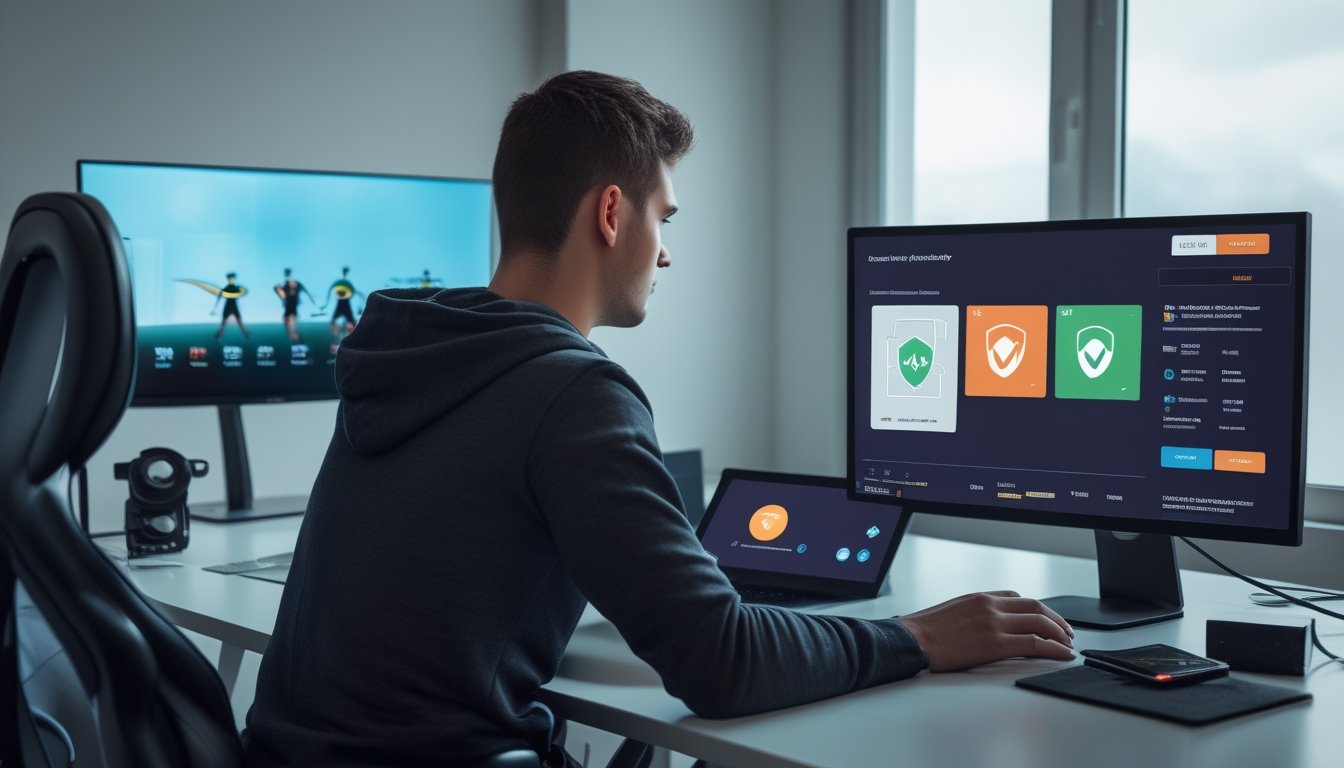 Orang dewasa mempelajari antarmuka turnamen esports di meja kerja dengan laptop, monitor, dan simbol keamanan.