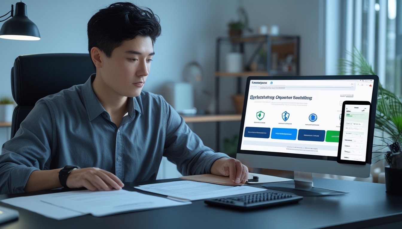 Seseorang memeriksa legalitas dan lisensi platform esports di laptop dalam ruang kerja modern.