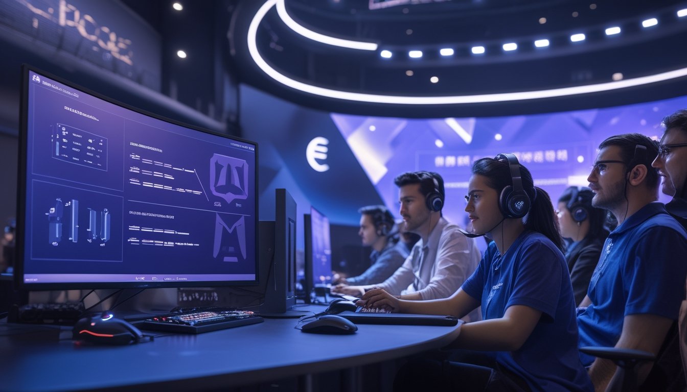 Analis esports dewasa membandingkan data pertandingan di studio modern dengan layar analitik bercahaya.