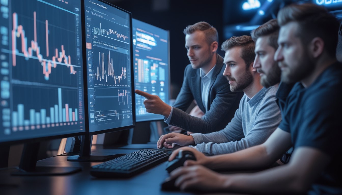 Analis esports mengukur grafik pertandingan di depan layar besar dalam ruang gaming modern.