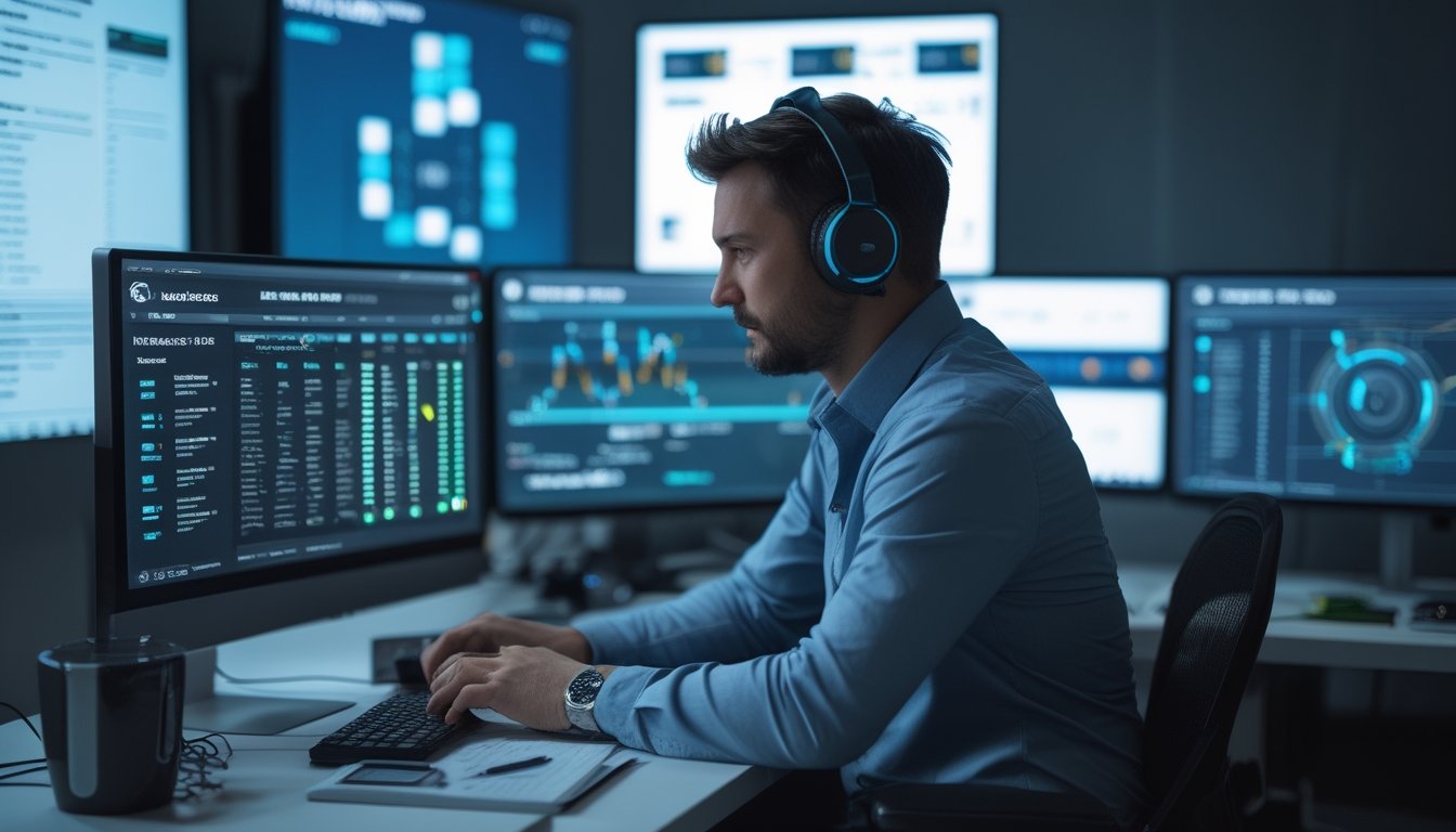 Seorang analis mempelajari grafik dan statistik tim eSports di beberapa monitor sebelum mengambil keputusan taruhan.
