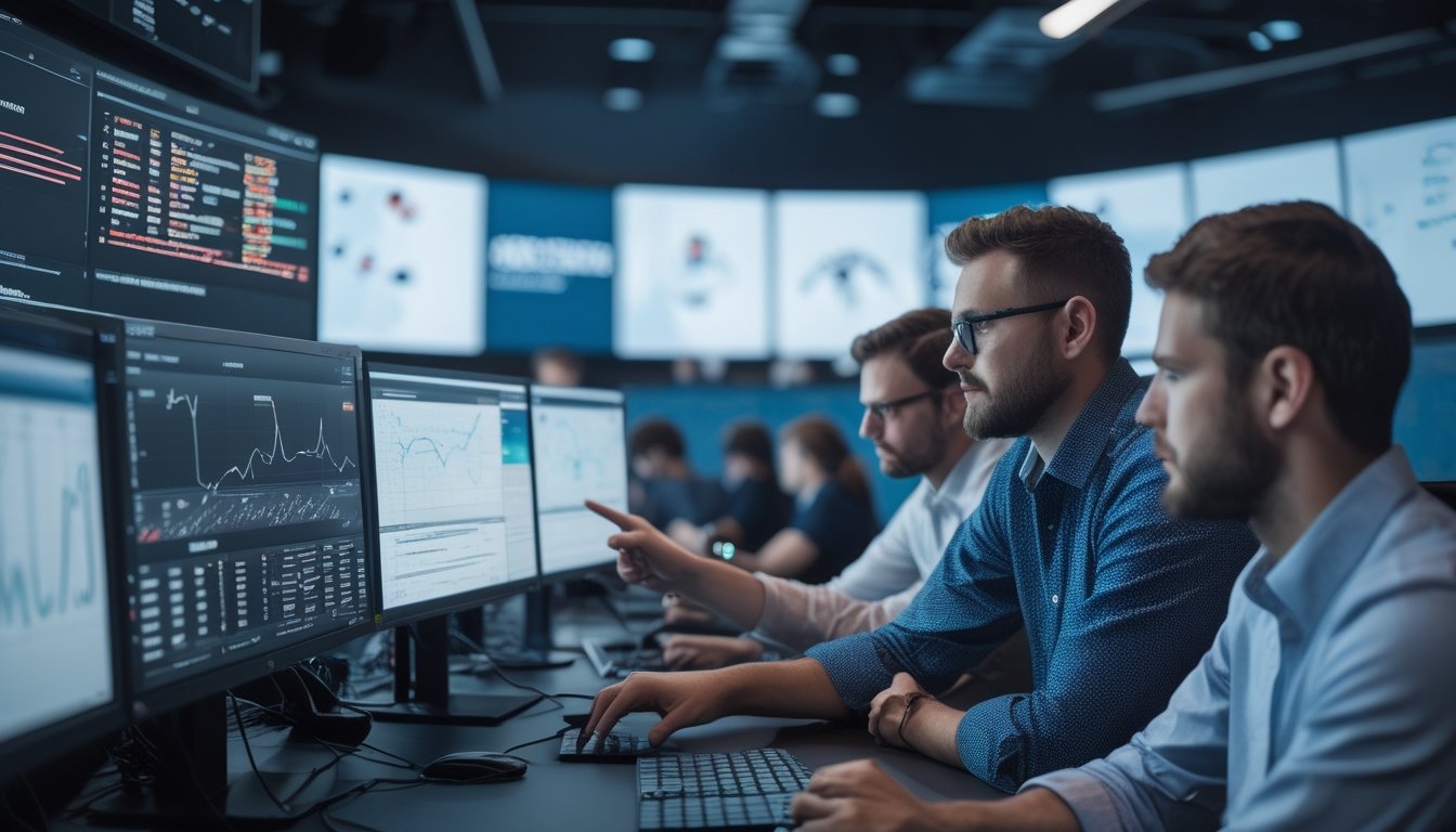 Analis eSports meninjau pertandingan statistik dan tim strategi di ruang analisis modern.
