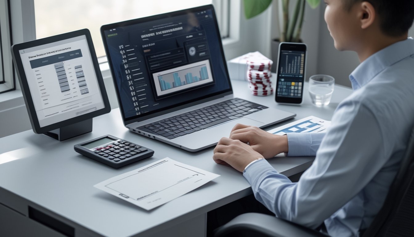 Seseorang merencanakan anggaran bermain esports dengan laptop, komputer, catatan kosong, dan token yang tertata di meja.