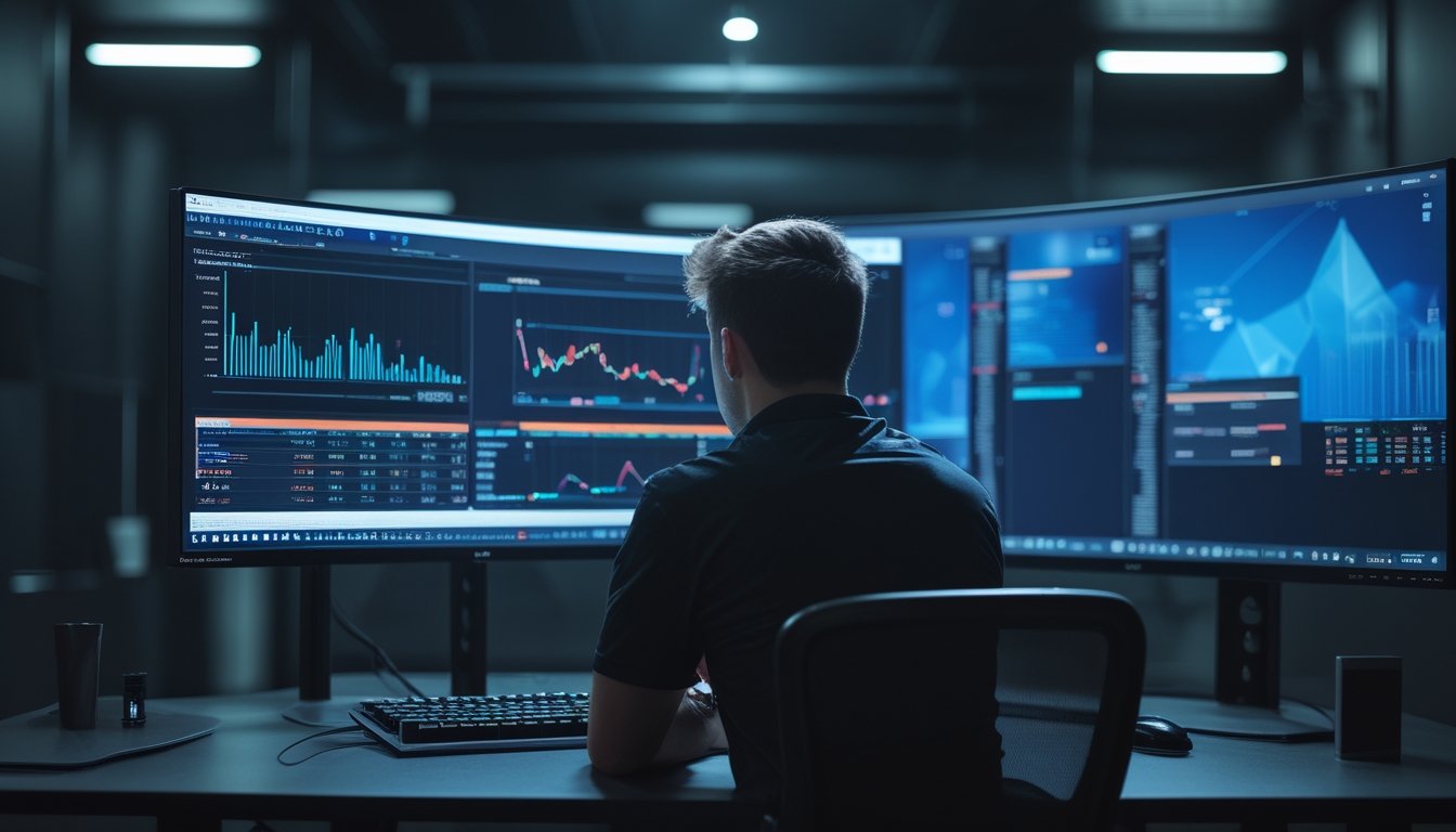 Seorang analis mengamati grafik statistik pertandingan esports pada beberapa monitor di meja kerja modern.