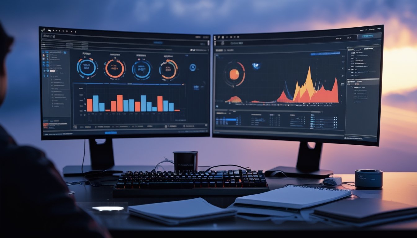 Meja kerja analis esports dengan dua monitor yang menampilkan grafik dan indikator statistik secara abstrak.