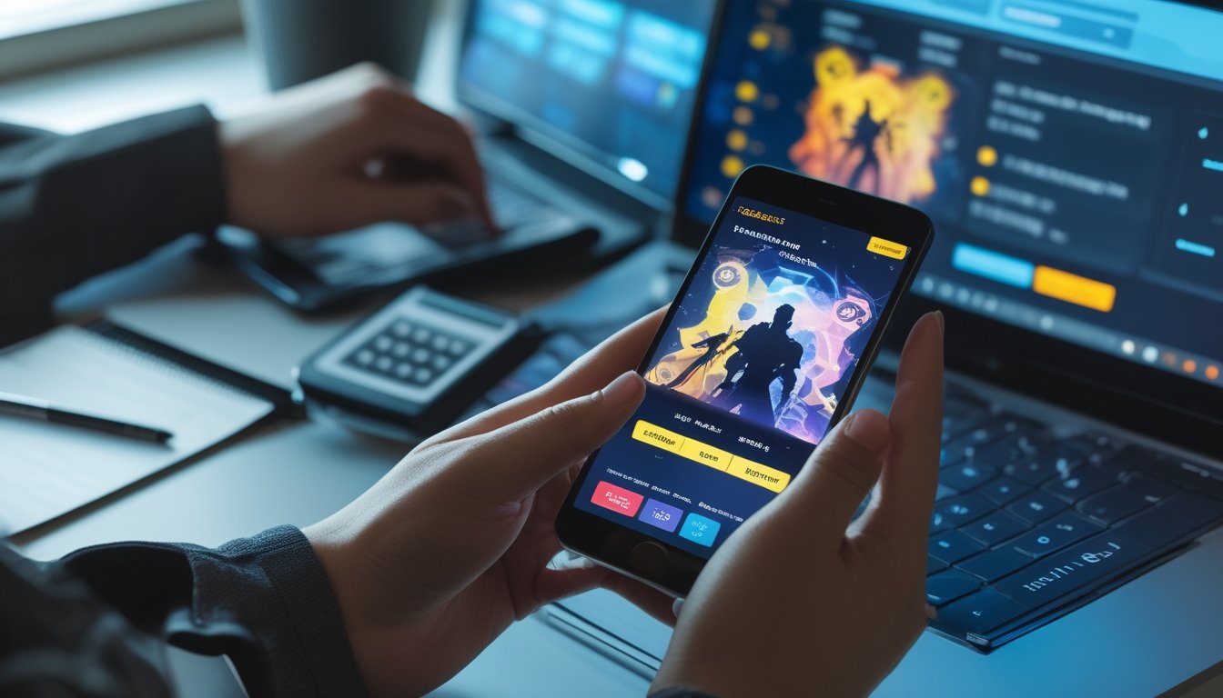 Tangan menggunakan ponsel untuk melihat antarmuka turnamen gim esports di meja kerja modern.