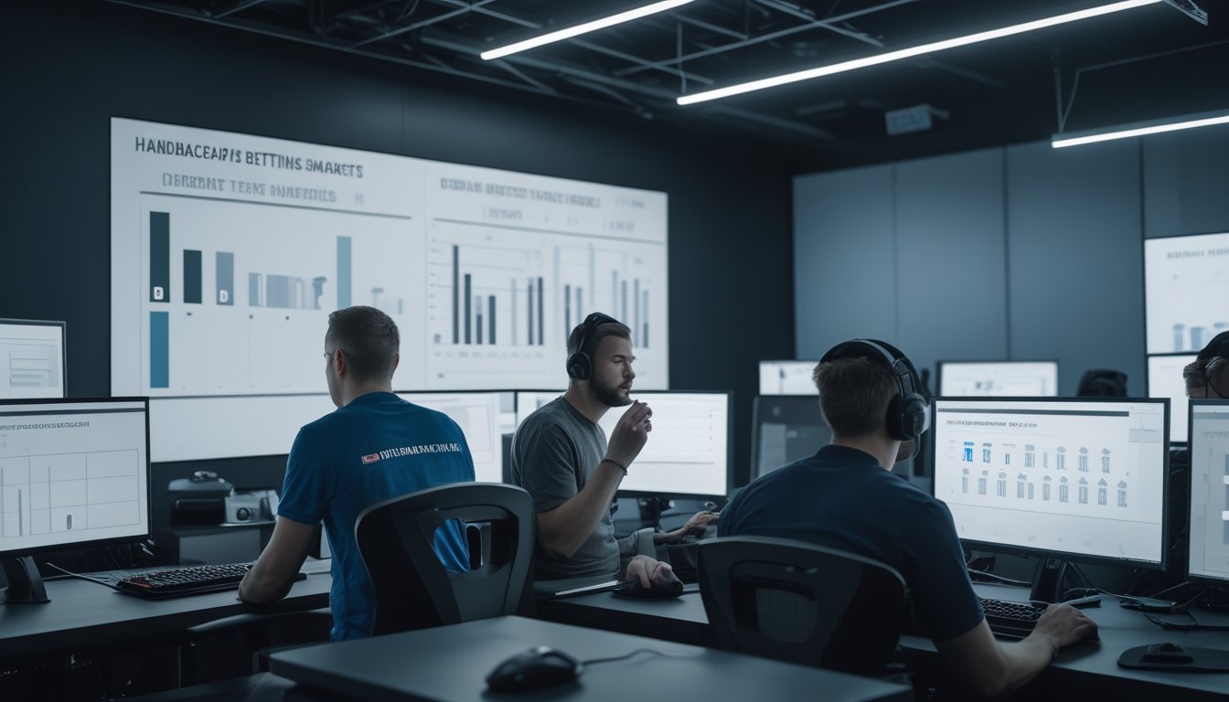 Analis esports membandingkan data di studio gaming modern dengan layar statistik abstrak.