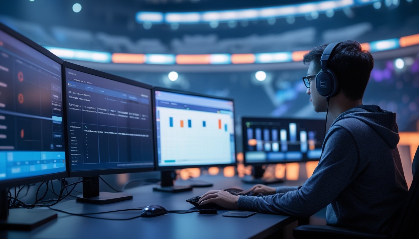 Analis esports mempelajari perbandingan statistik pertandingan di ruang kerja modern.
