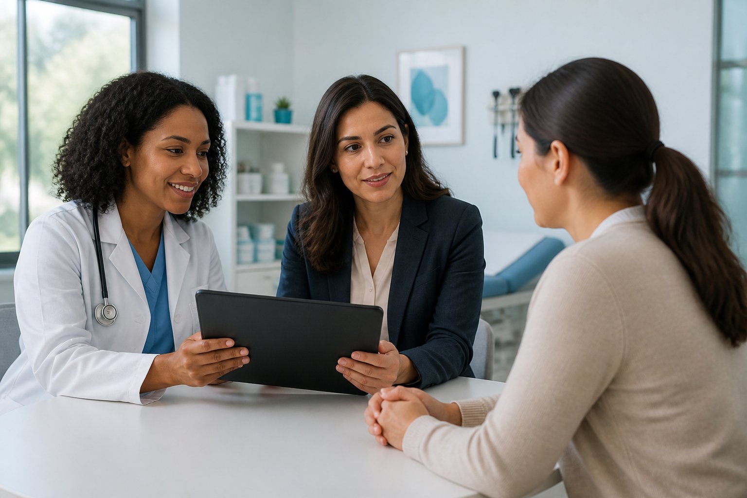 A healthcare professional and a legal professional meet with a patient in a clinic consultation room.