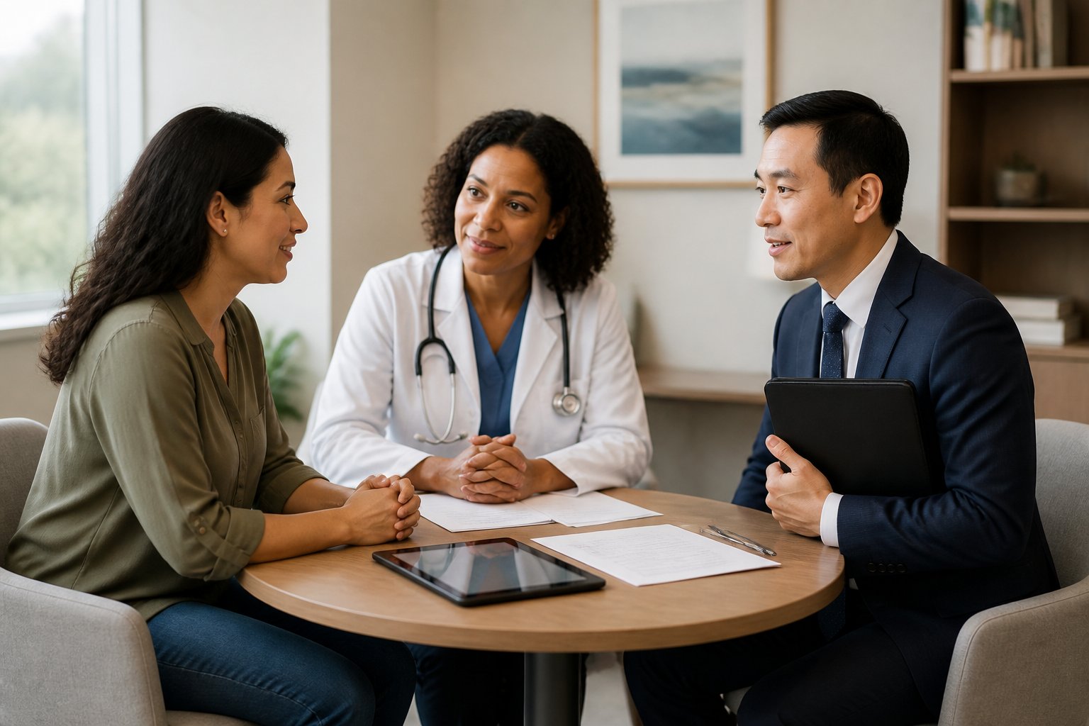 A patient meets with a physician and legal aid attorney in a healthcare consultation room.