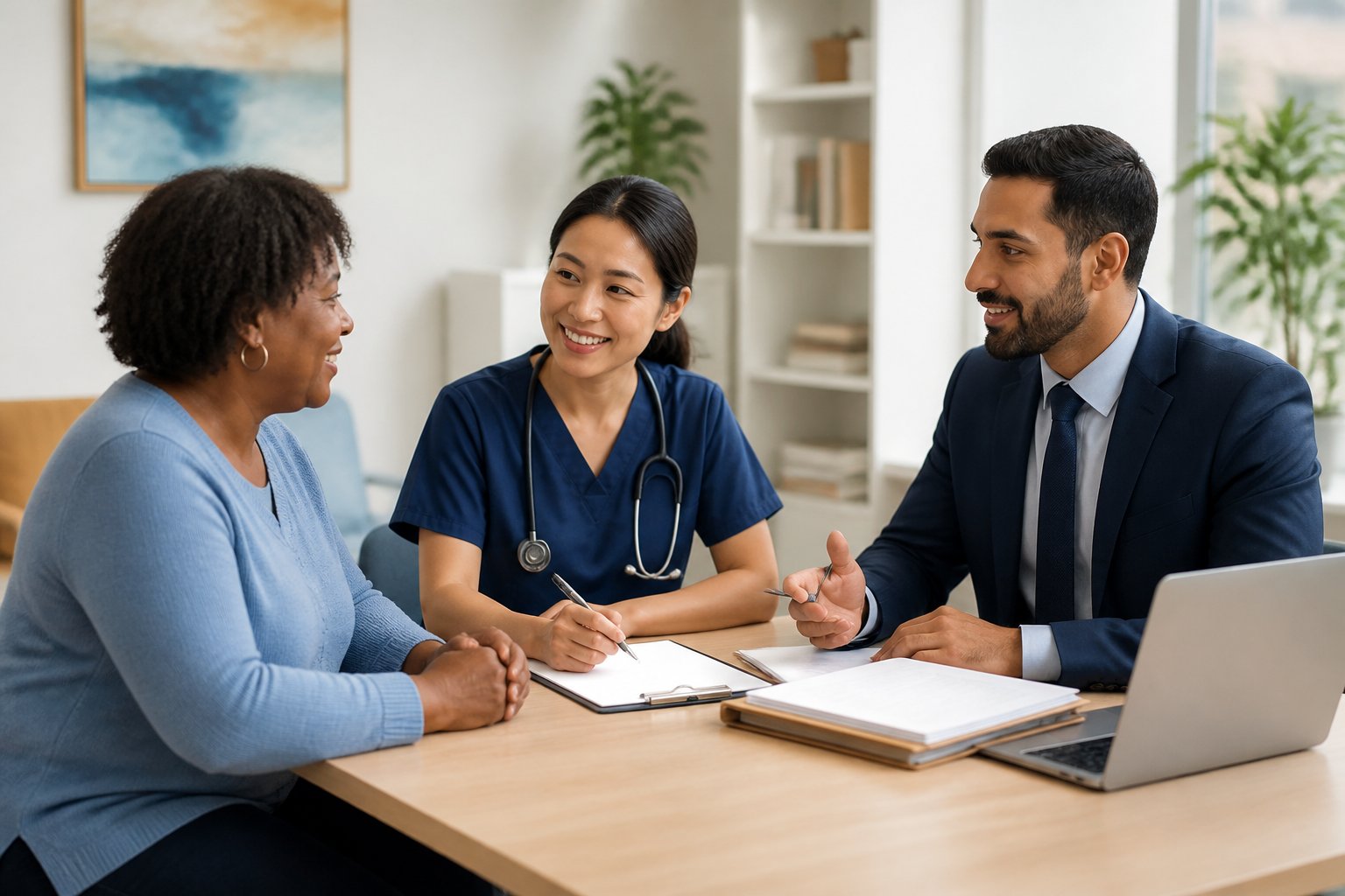 A patient meets with a healthcare provider and legal professional in a clinic to discuss health-related legal support.