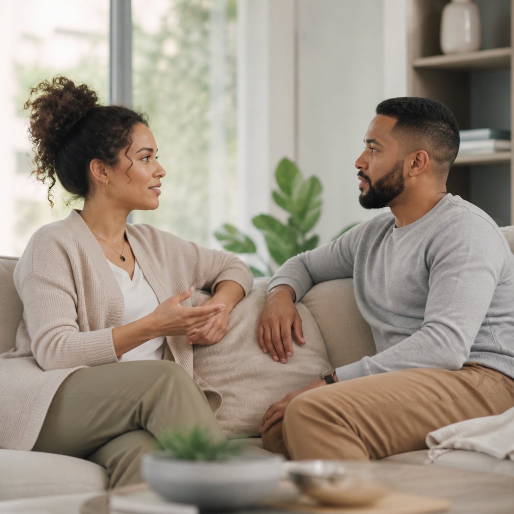 A couple sits together in a bright living room, listening openly and connecting with each other.